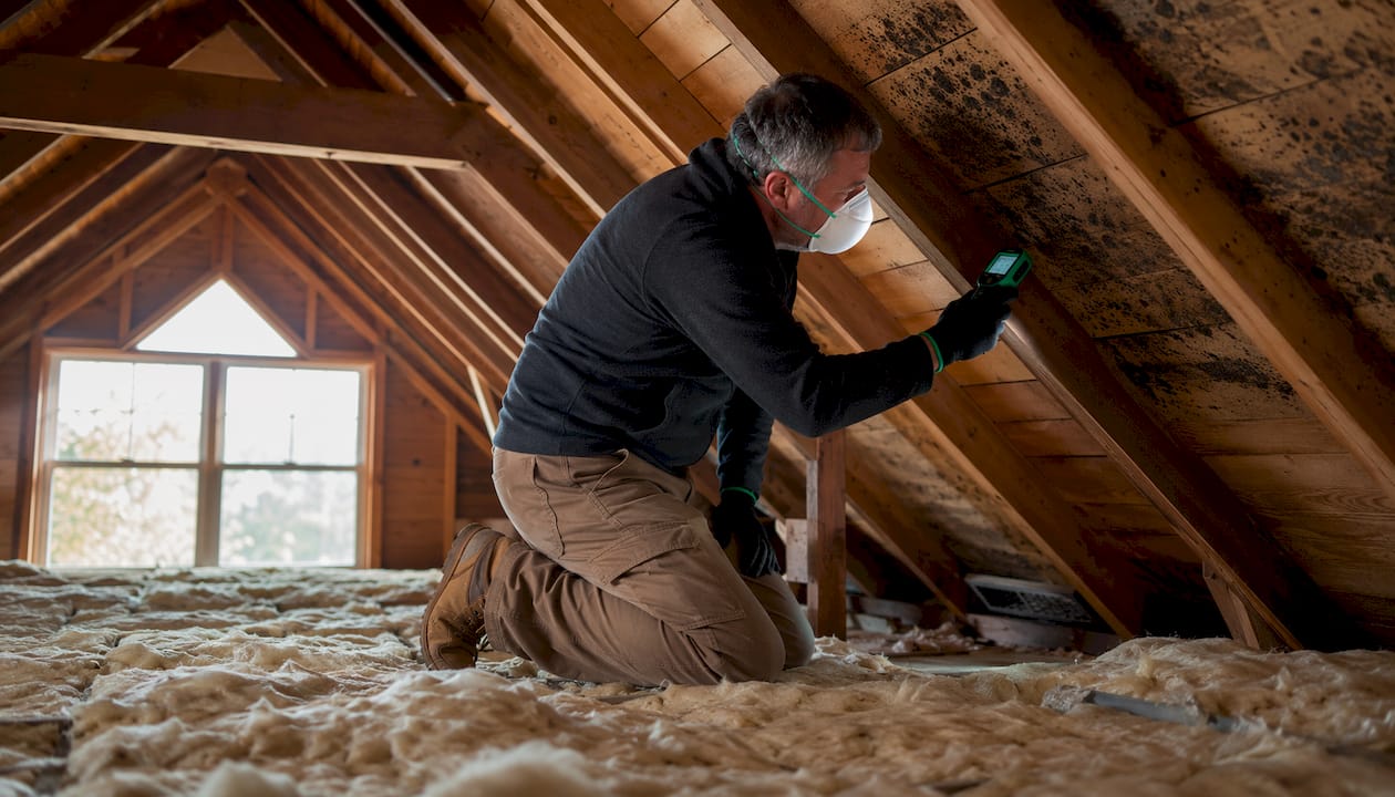 Homeowner inspecting attic mould with moisture meter