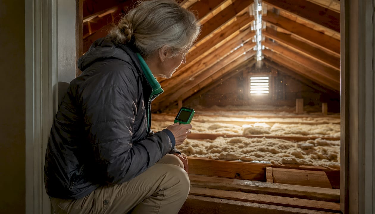 Woman checking attic humidity near hatch