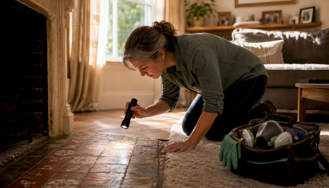 Homeowner inspecting asbestos floor tiles