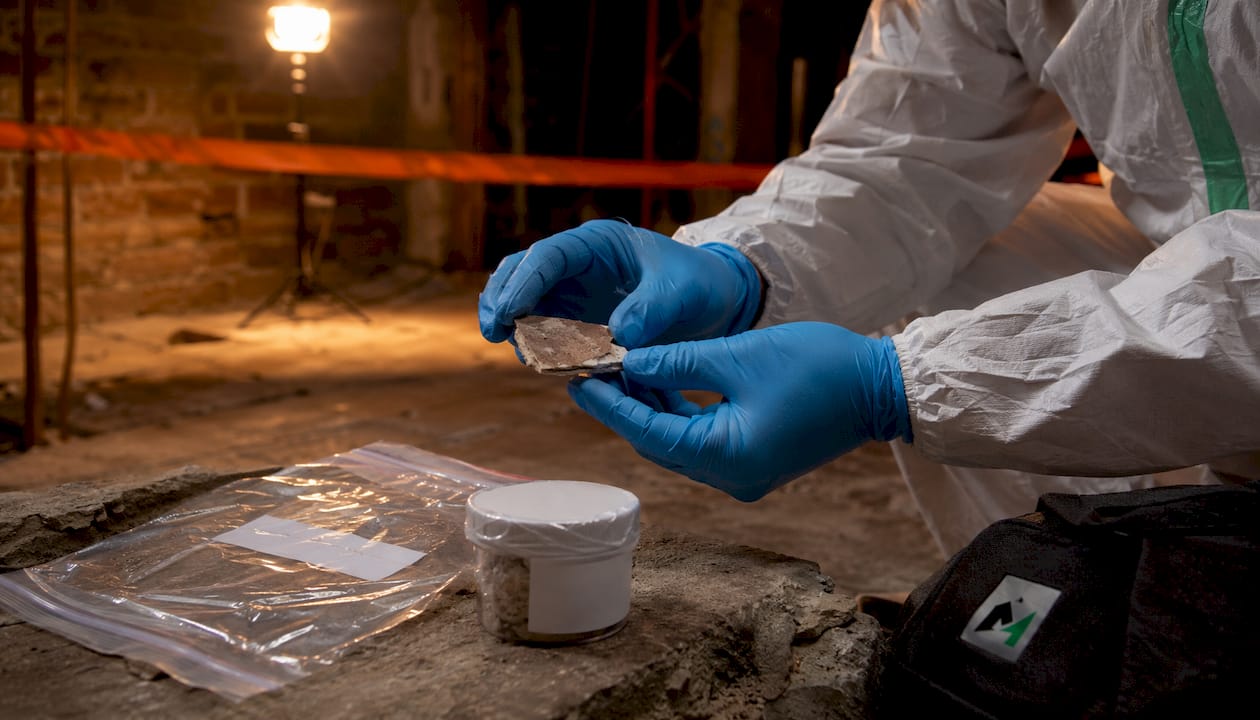 Gloved hands collecting asbestos tile sample