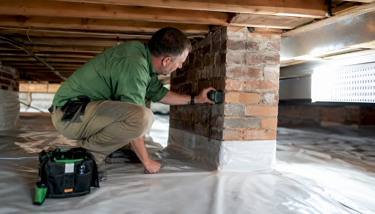 Inspector testing moisture in crawl space