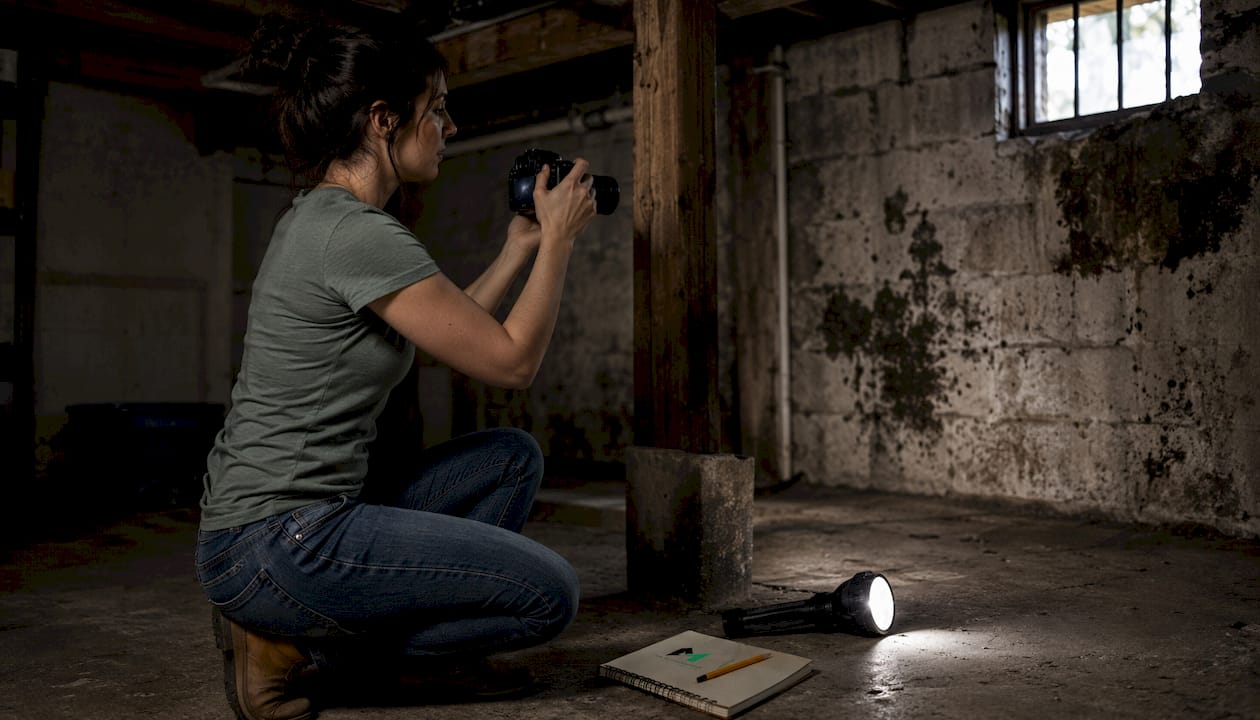Homeowner photographing mould in crawl space