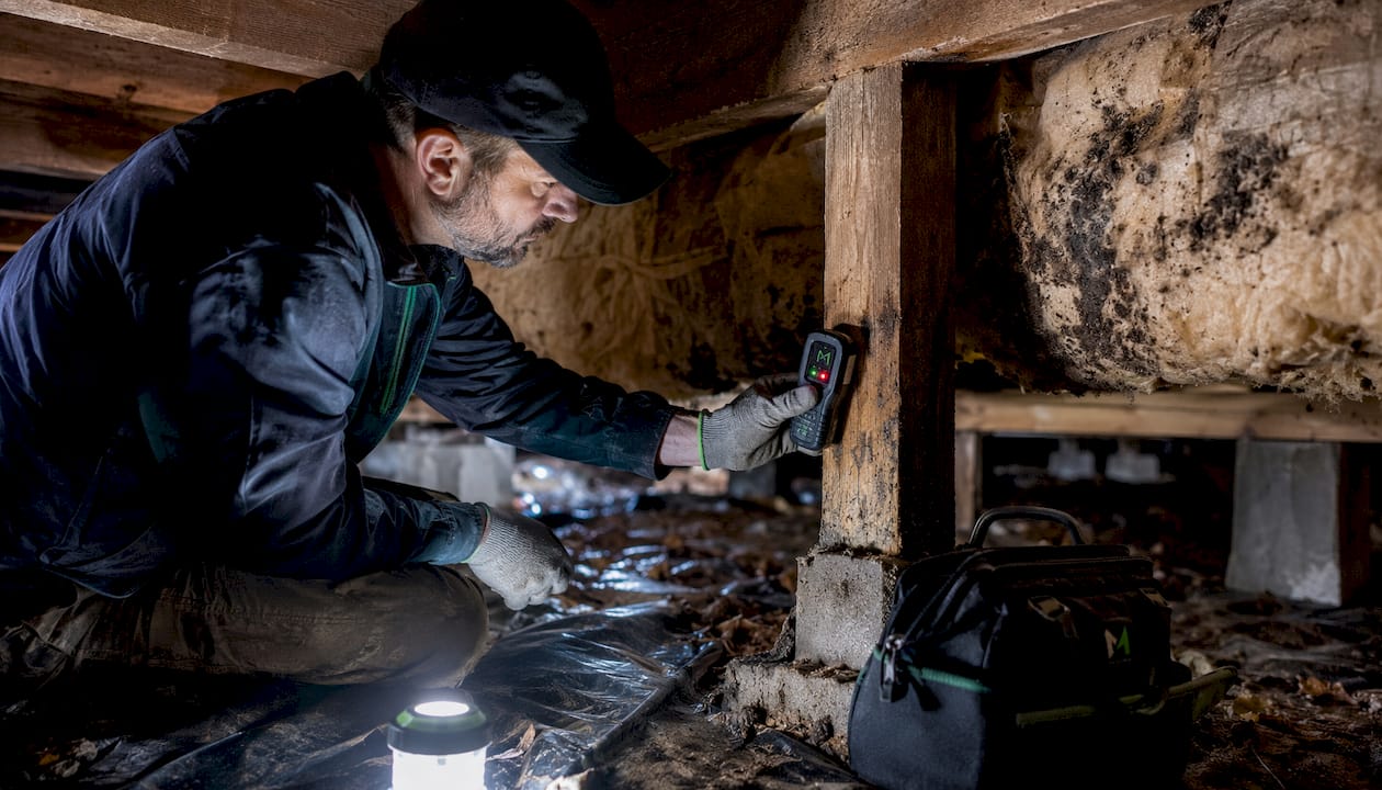 Moisture meter measuring wood joist dampness