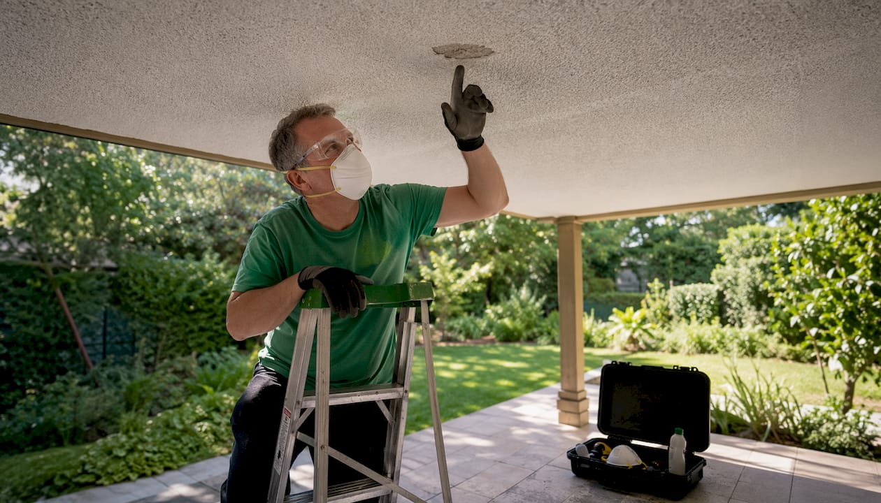 Homeowner inspecting damaged popcorn ceiling
