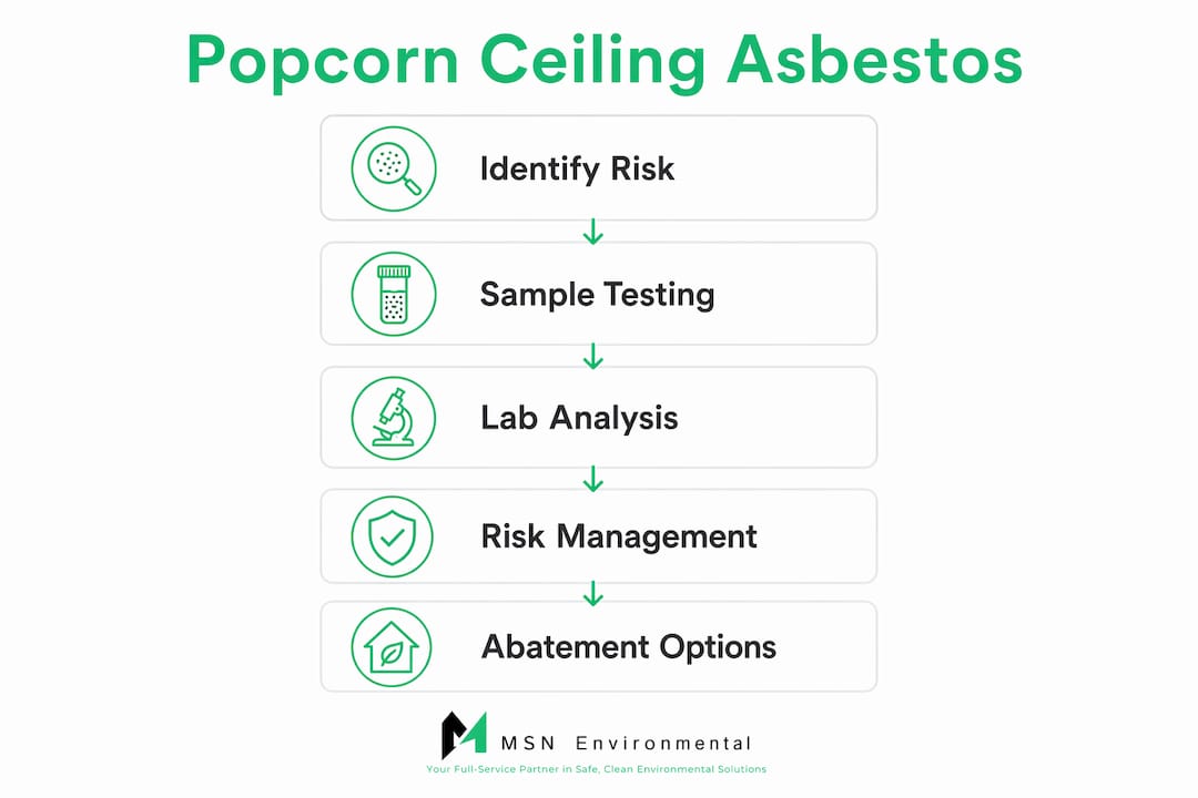 Infographic showing popcorn ceiling asbestos testing and management steps
