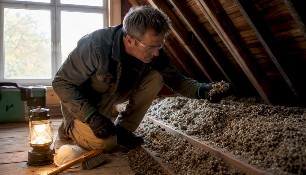 Homeowner inspecting attic vermiculite insulation