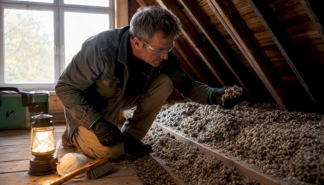 Homeowner inspecting attic vermiculite insulation