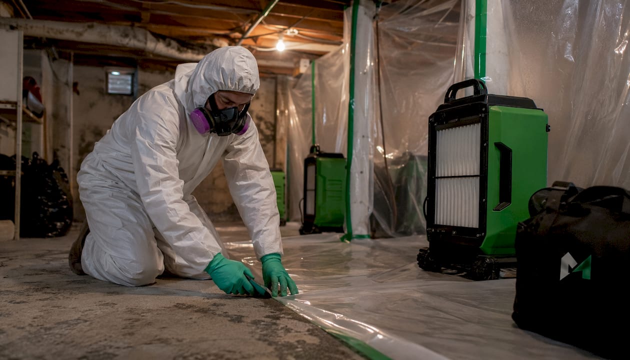 Technician preparing mold remediation containment area