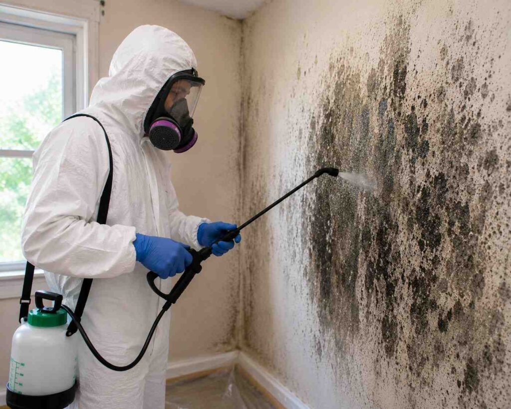 Professional mould removal services in Woodstock, Ontario with a technician applying mould treatment to an affected wall.