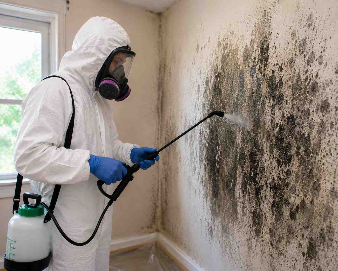 Professional mould removal services in Woodstock, Ontario with a technician applying mould treatment to an affected wall.