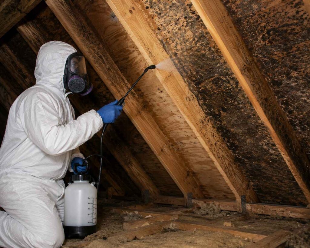 Professional mould removal services in Woodstock, Ontario with a technician applying mould treatment to an affected attic wood sheathing