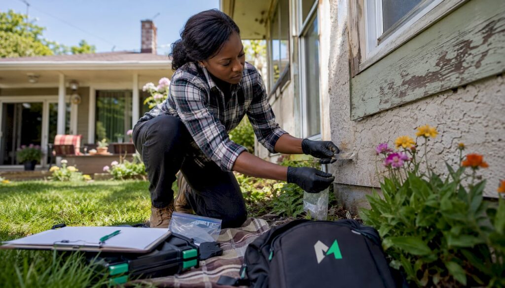 Inspector collecting asbestos sample in home