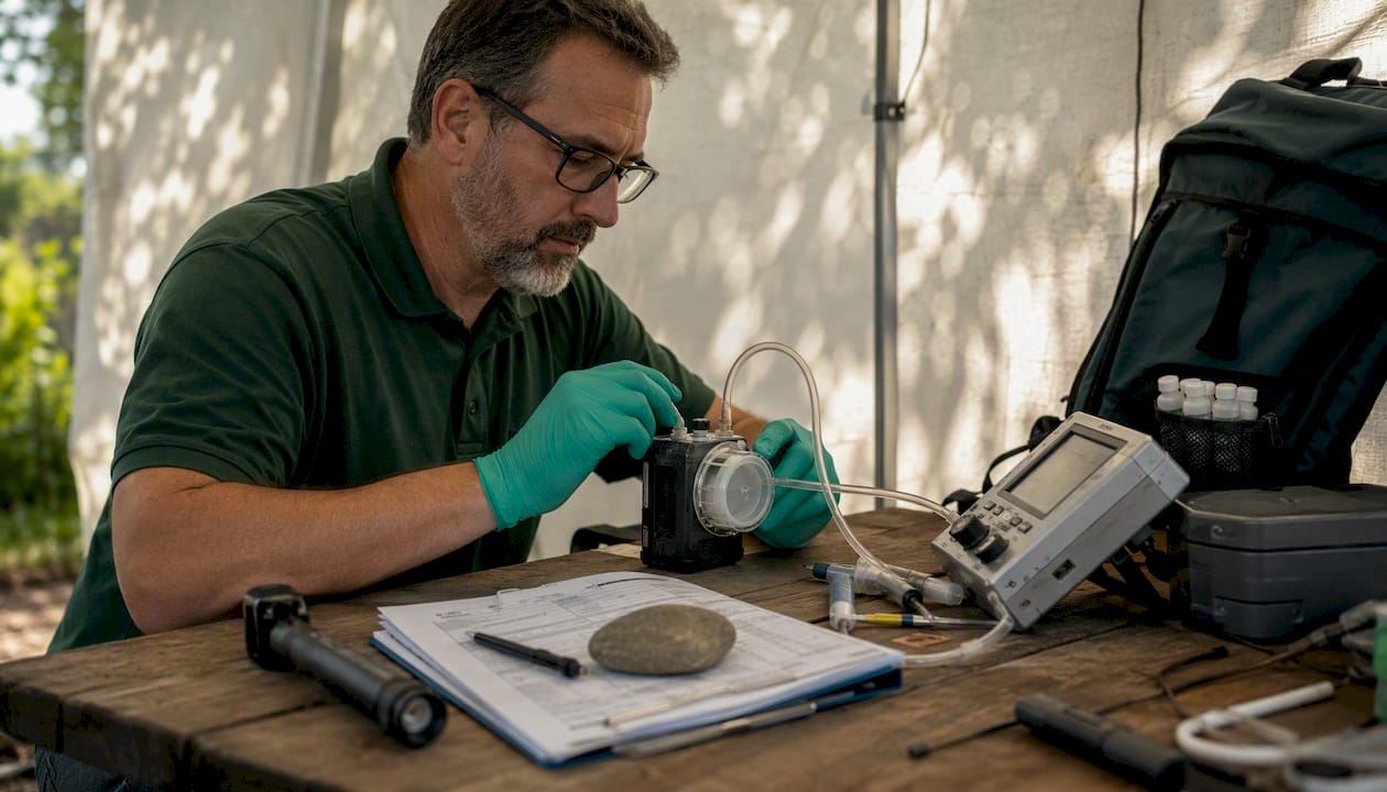 Close-up of hands adjusting asbestos sampling pump