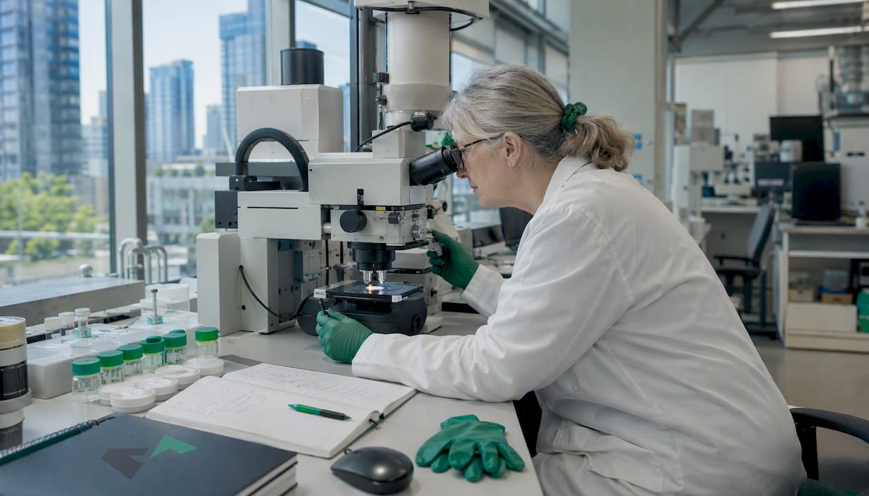 Lab technician analyzing asbestos samples under microscope