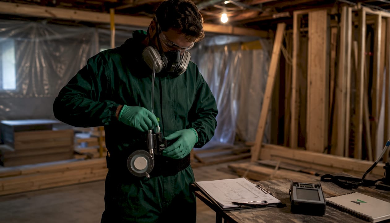Technician setting up asbestos air sampling pump