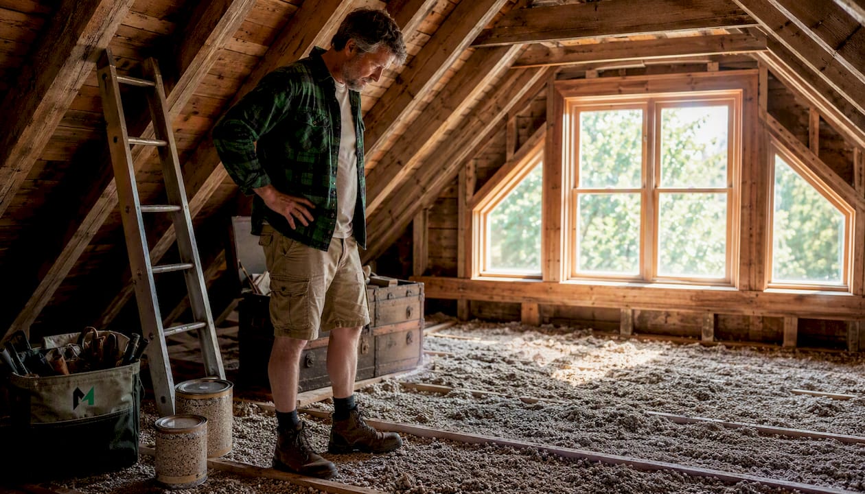 Homeowner inspecting attic vermiculite insulation