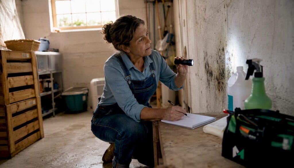 Woman inspecting mould growth in basement