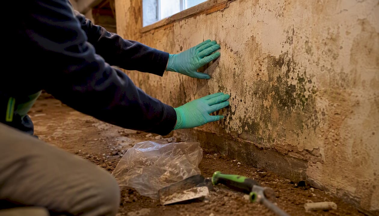 Gloved hands probing mouldy basement drywall