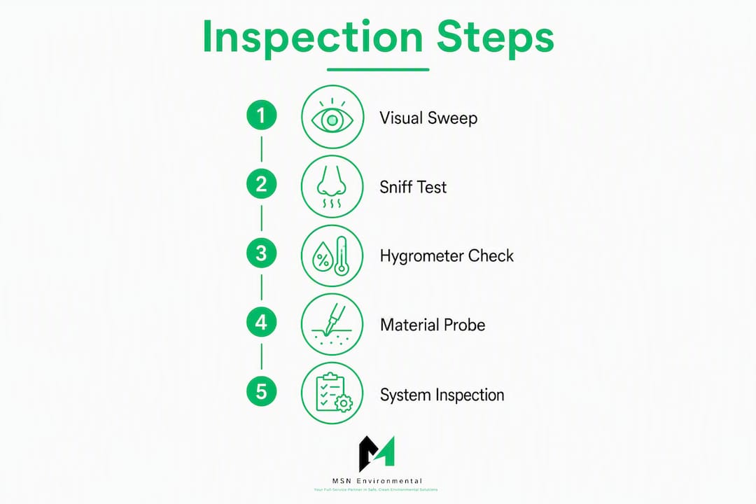 Infographic showing steps to inspect basement mould