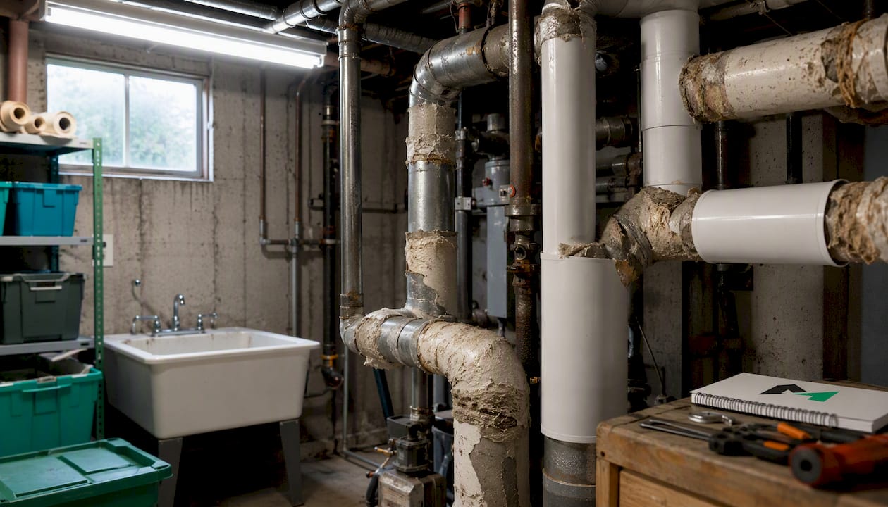Basement pipes with asbestos and PVC insulation