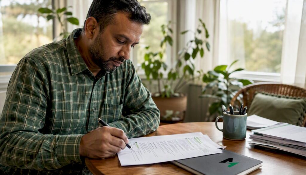 Man reviewing asbestos removal contract at home