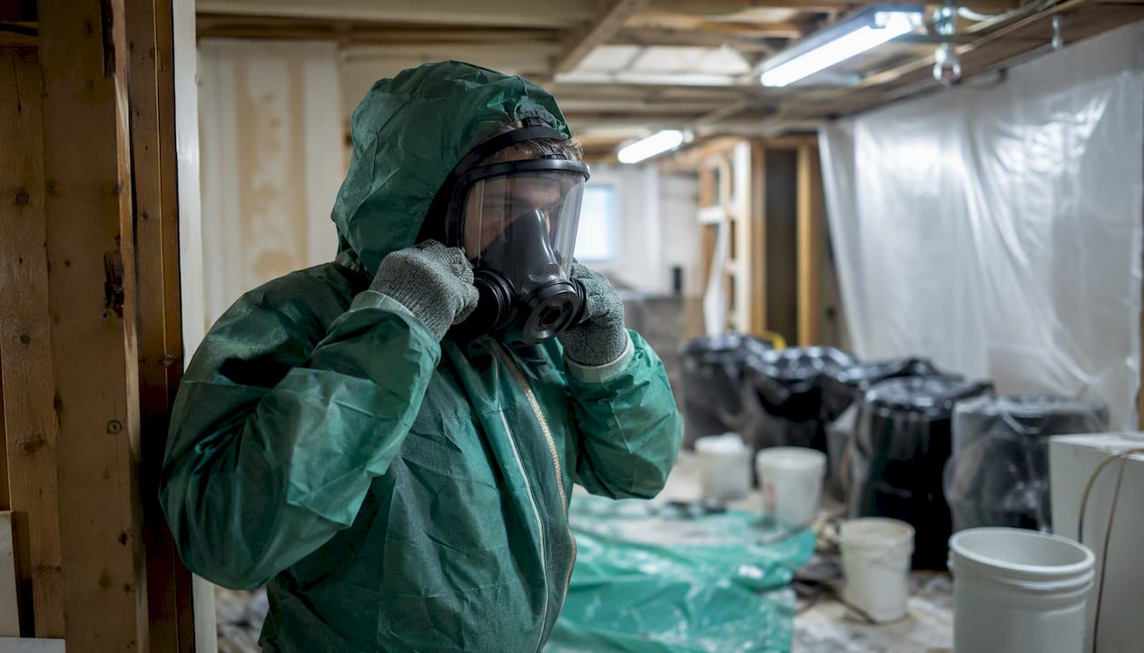 Technician adjusting full-face respirator mask