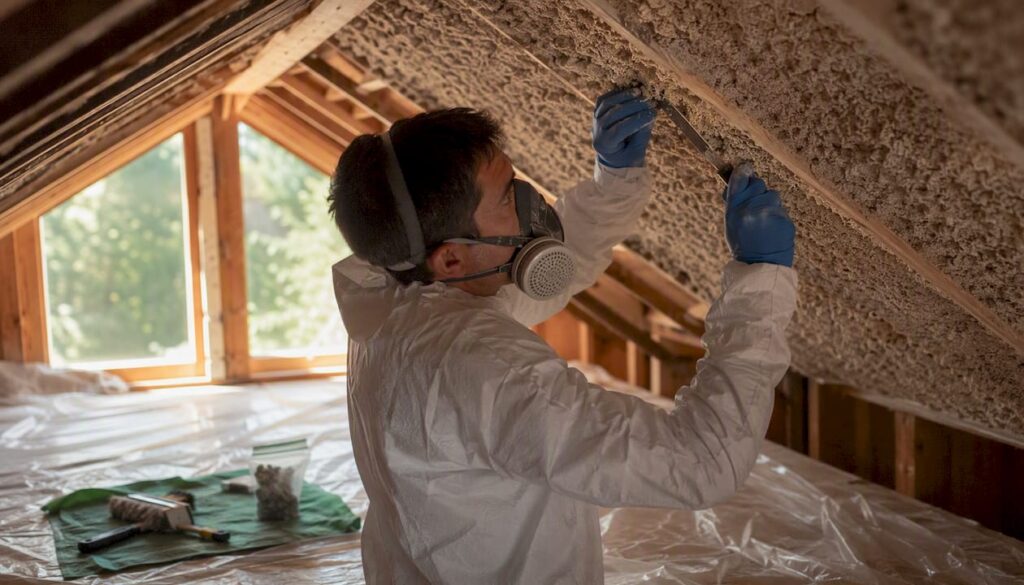 Technician wet bulk sampling asbestos-containing wall