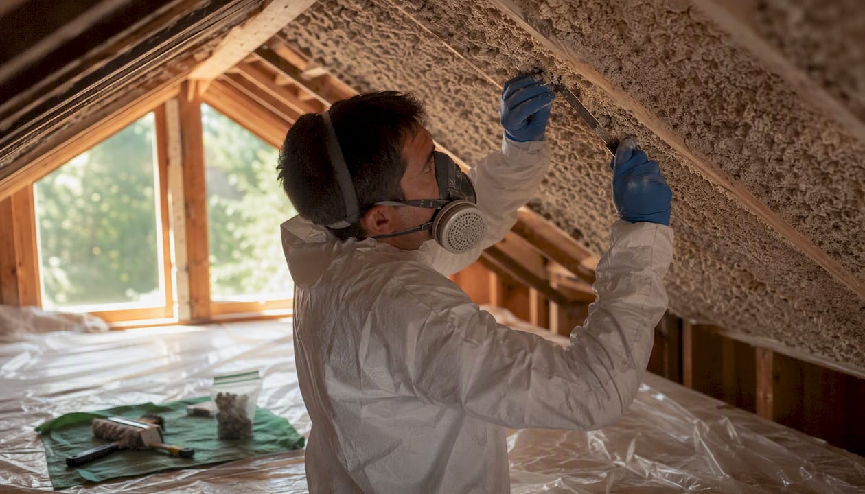 Technician wet bulk sampling asbestos-containing wall