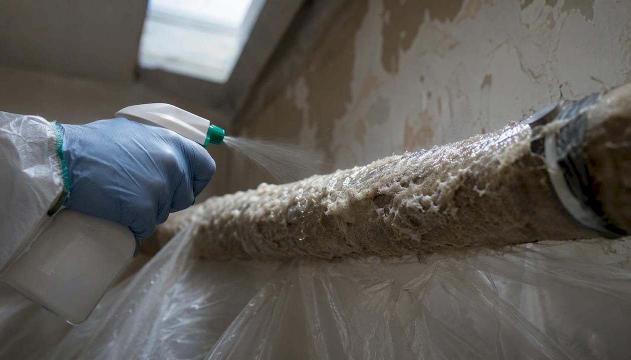 Gloved hand spraying wetting mist on pipe insulation