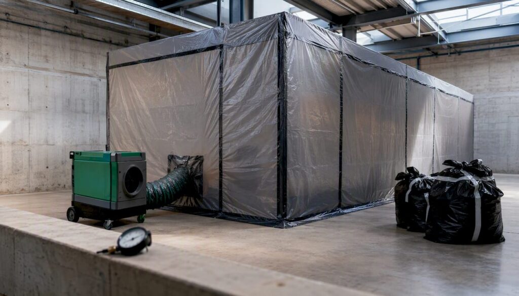 Enclosed Type 3 asbestos containment with HEPA negative air unit