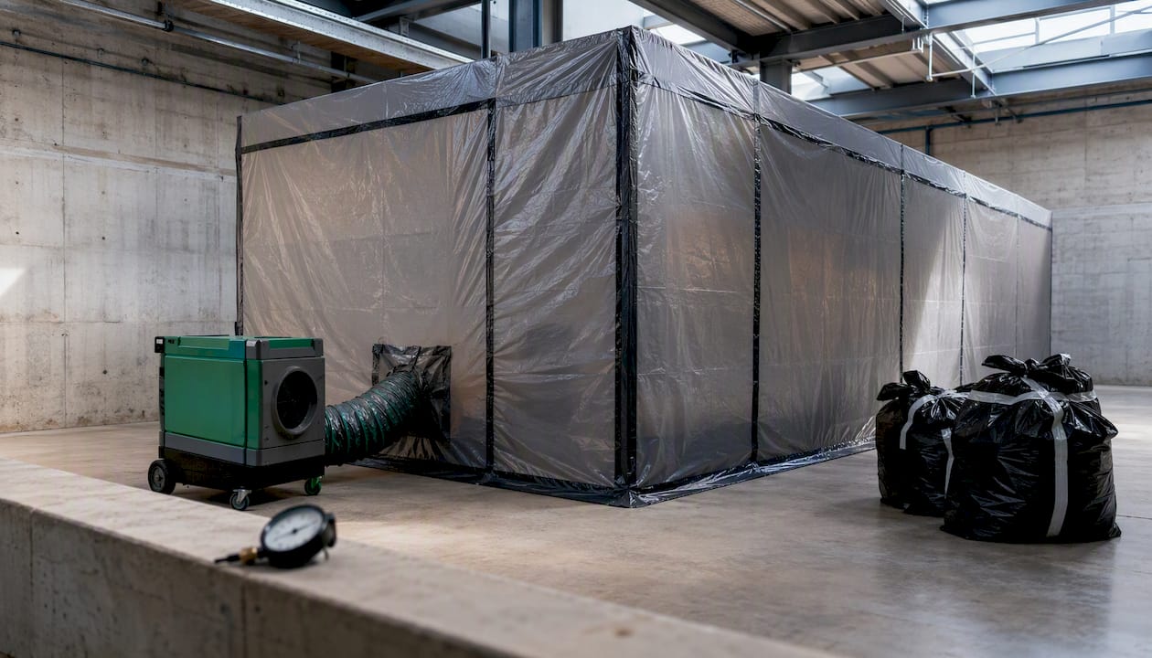 Enclosed Type 3 asbestos containment with HEPA negative air unit