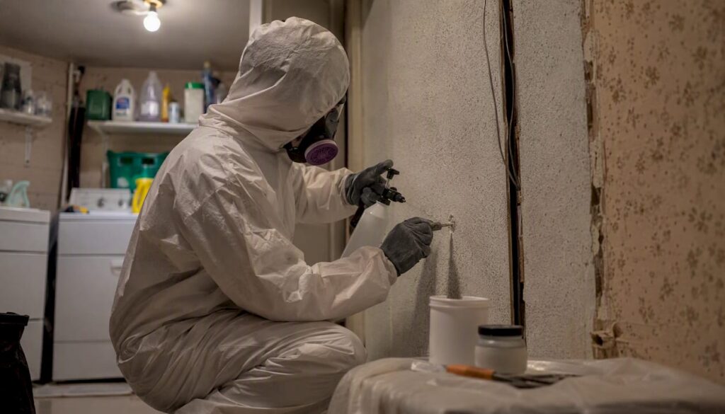 Technician sampling plaster wall for asbestos