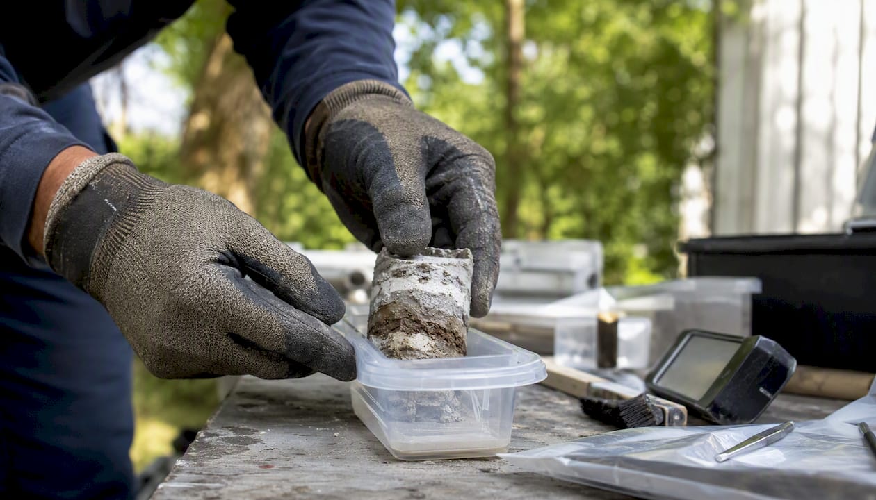 Close-up of sealed plaster sample for asbestos testing