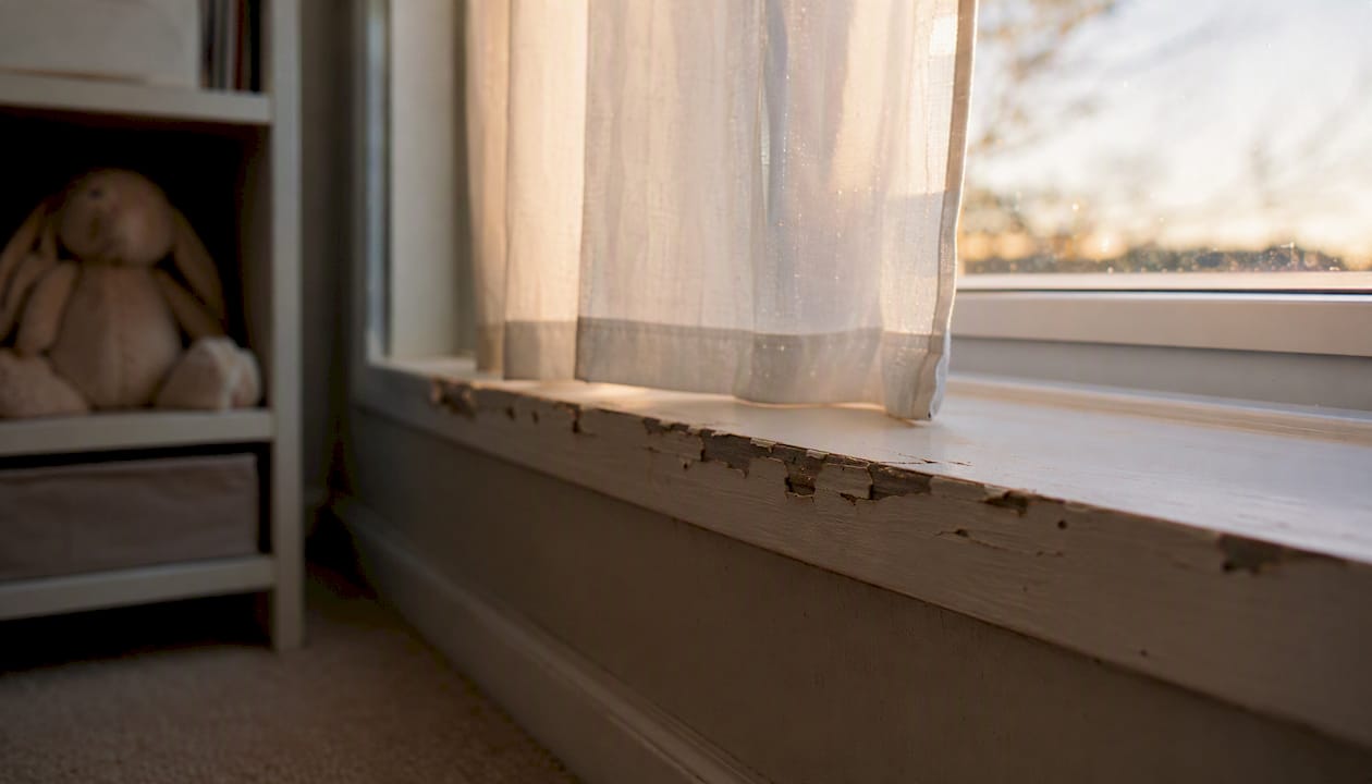 Peeling painted window sill in child's bedroom