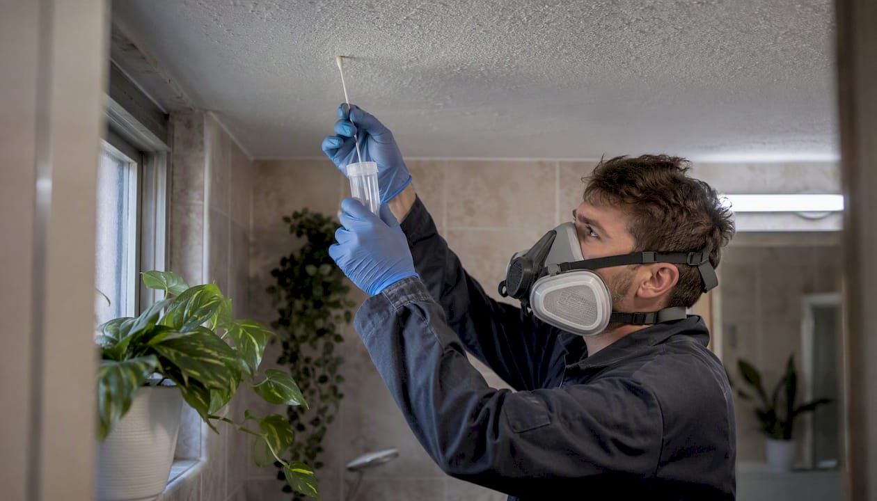 Inspector taking bulk asbestos sample from ceiling