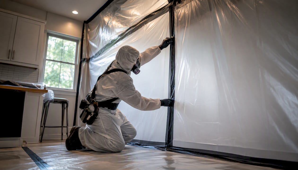 Technician setting up asbestos containment area