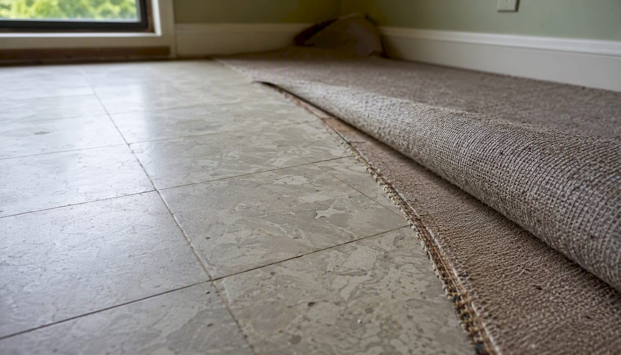 Close-up of asbestos floor tiles partially exposed