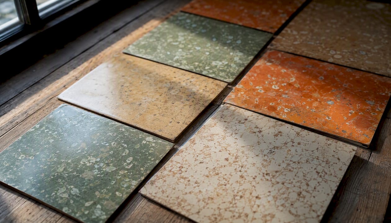 Cluster of mid-century asbestos floor tiles in muted tones