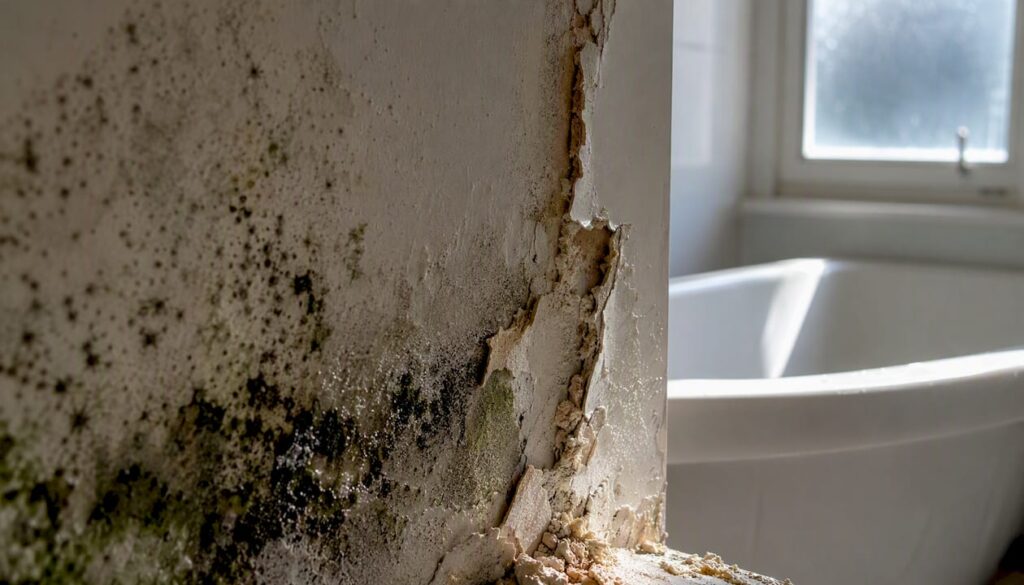 Close-up of black mould growing on damaged drywall