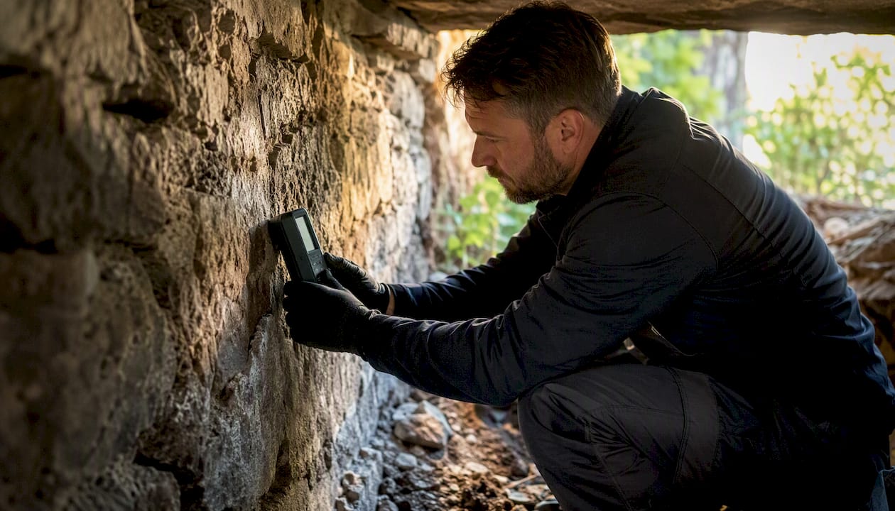 Technician measuring moisture in crawlspace drywall