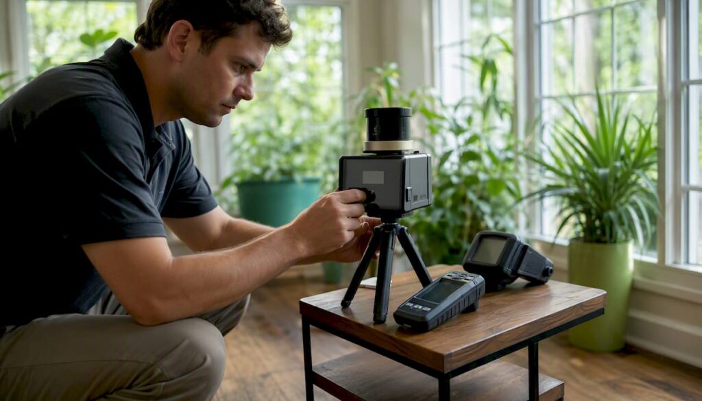 Technician setting up mould air sampling pump indoors