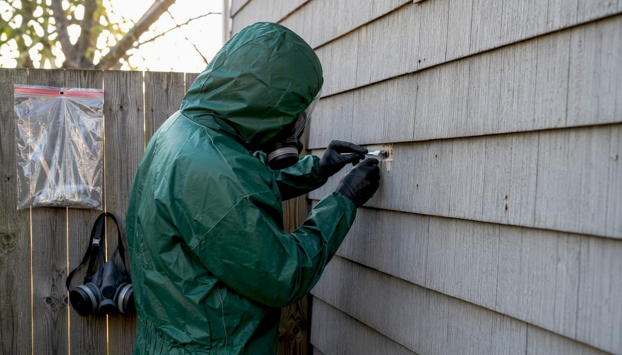 Technician cutting asbestos siding sample