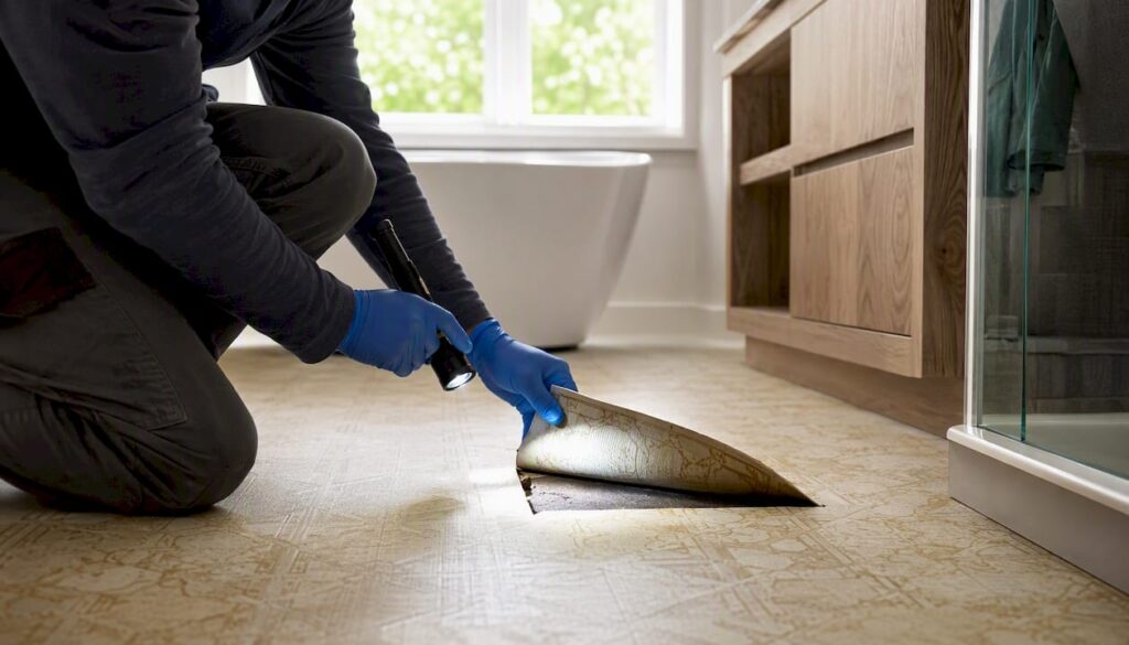 Technician inspecting edge of old linoleum floor