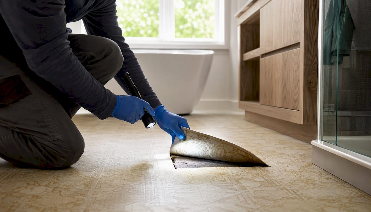 Technician inspecting edge of old linoleum floor