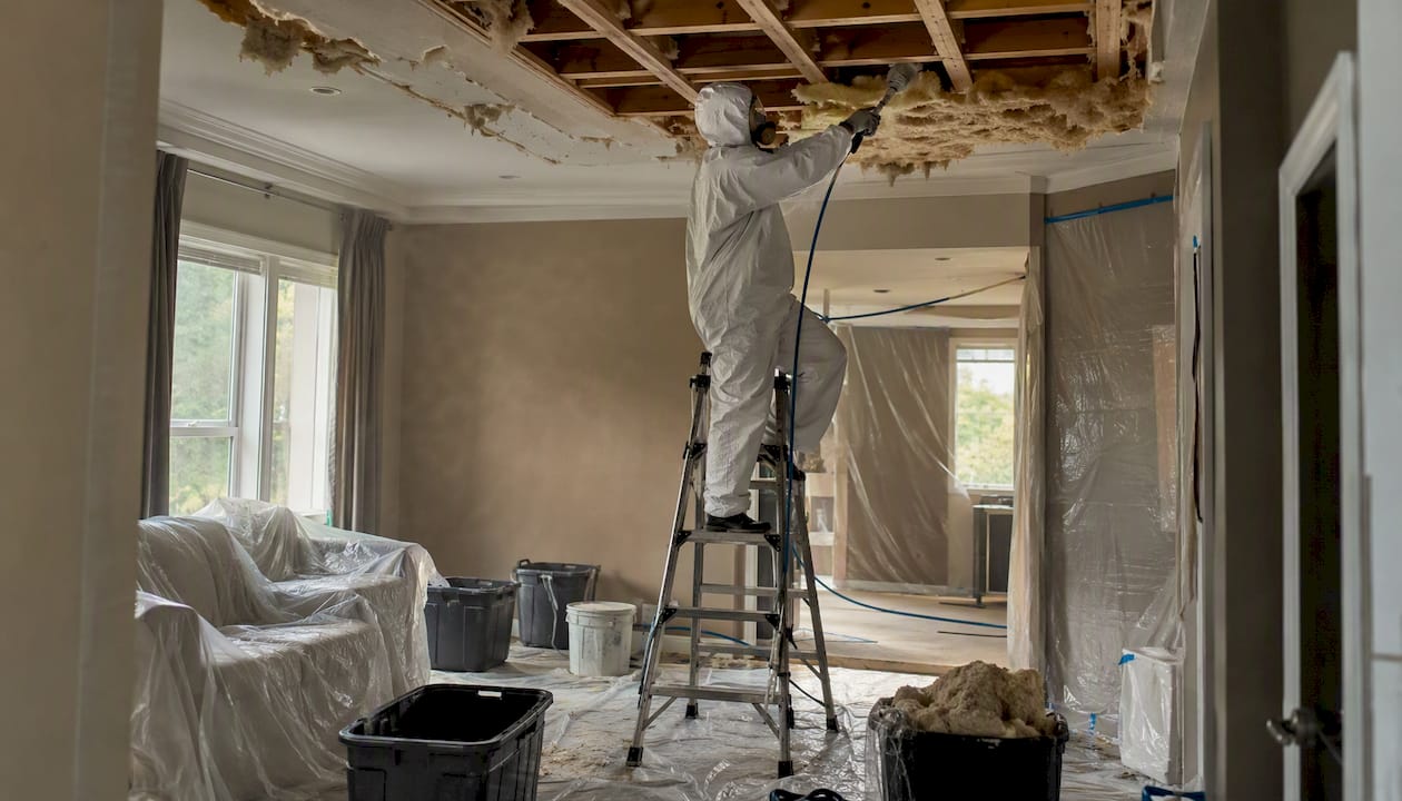 Technician removing asbestos ceiling material