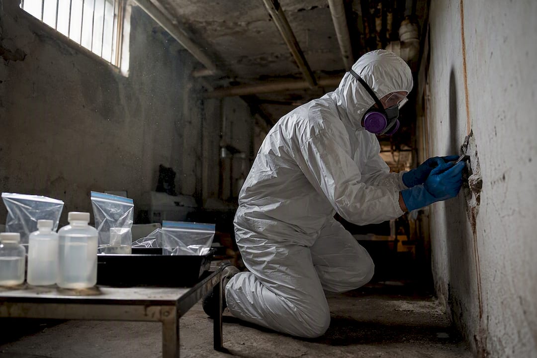 Technician sampling building substance for survey