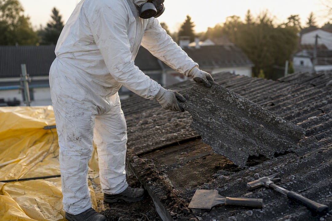 Technician carefully removing asbestos shingles