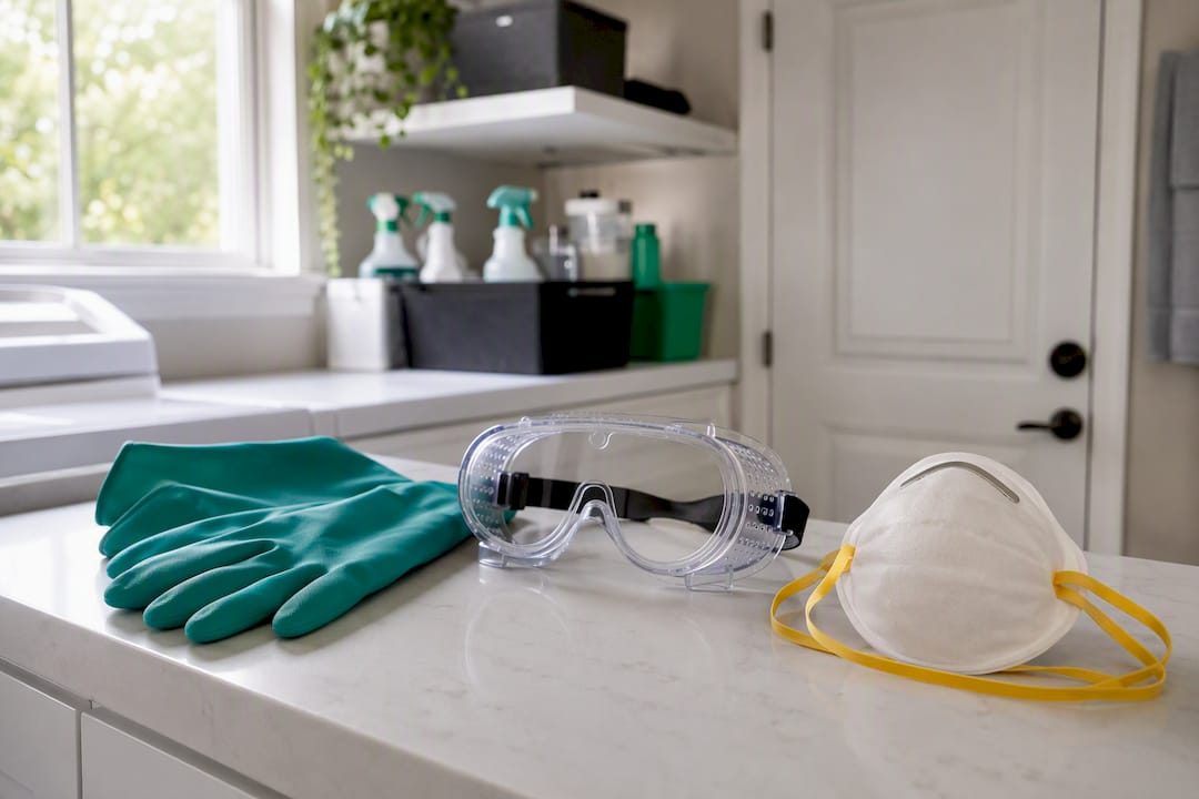 PPE gear for mould removal on counter