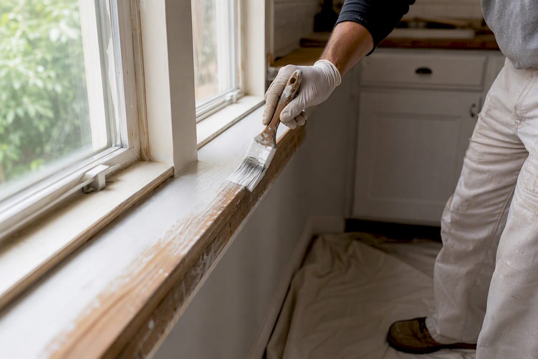Worker applying encapsulant to window trim