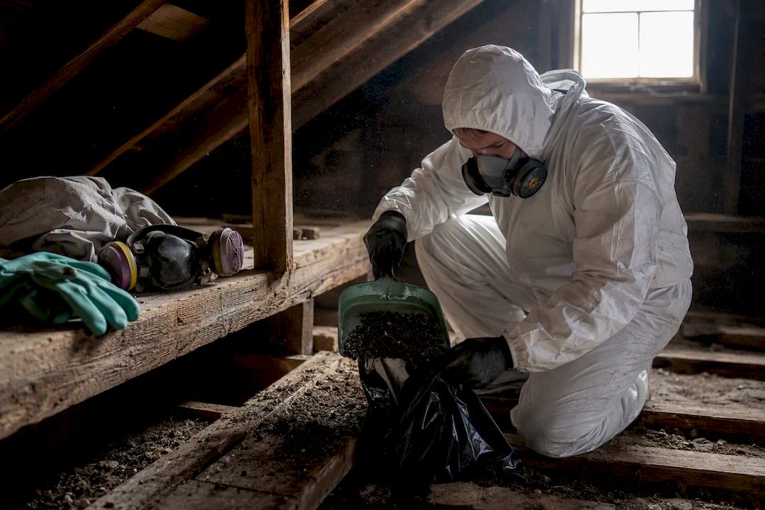 Attic guano being carefully scooped into plastic bag during cleanup